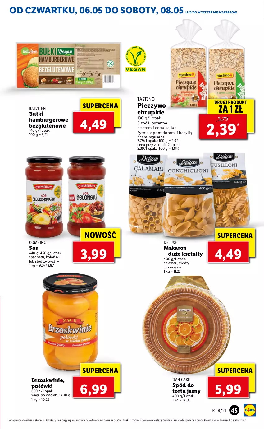 Gazetka promocyjna Lidl - GAZETKA - ważna 06.05 do 08.05.2021 - strona 45 - produkty: Bazyl, Brzoskwinie, Burger, Chrupki, Dan Cake, Hamburger, Makaron, Mus, Piec, Pieczywo, Pieczywo chrupkie, Ser, Sos, Spaghetti, Waga