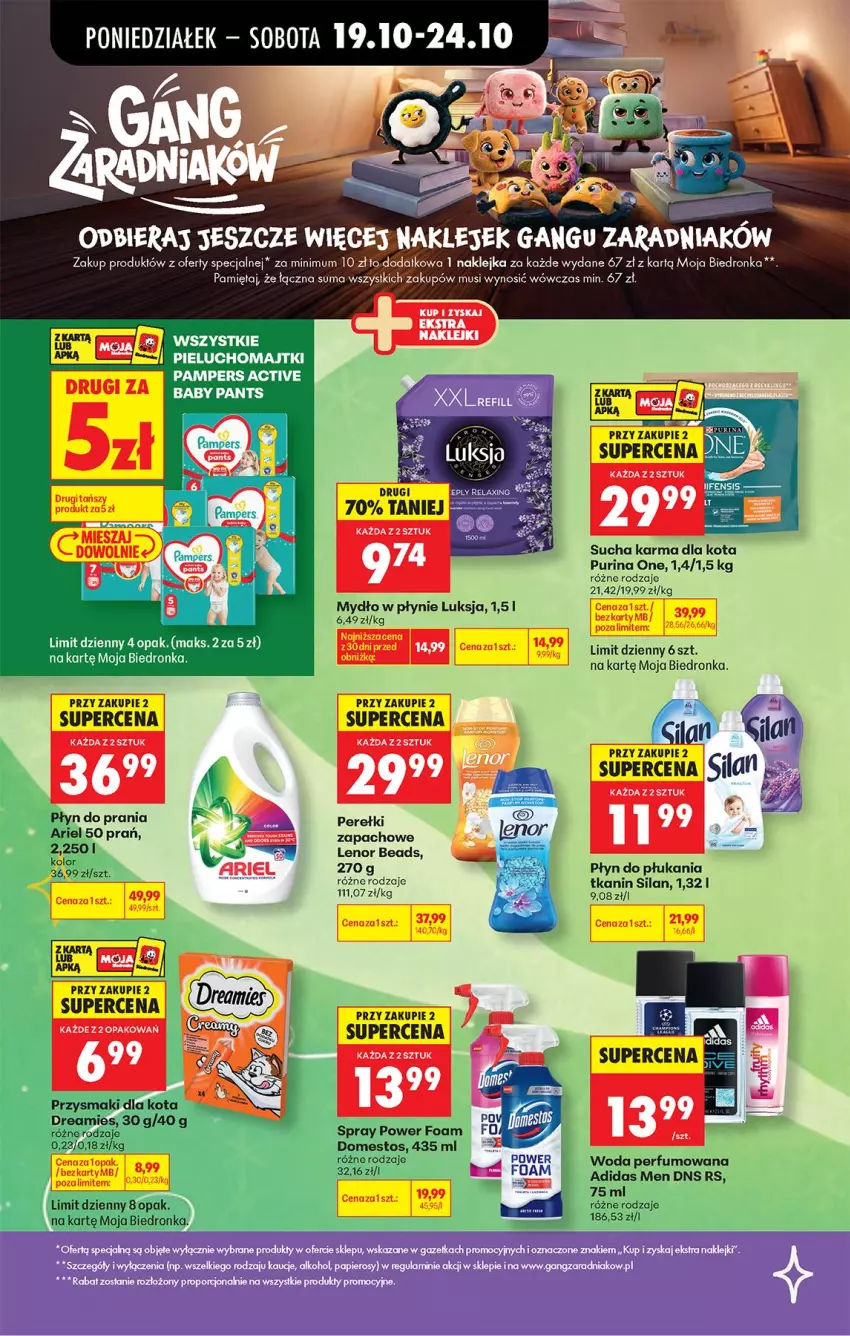 Gazetka promocyjna Biedronka - Od Poniedziałku - ważna 19.10 do 24.10.2026 - strona 45 - produkty: Domestos, Klej, Lenor, Luksja, Mięta, Mus, Mydło, Mydło w płynie, Pampers, Perfum, Płyn do płukania, Płyn do prania, Przysmaki, Pur, Purina, Silan, Sucha karma, Woda, Woda perfumowana
