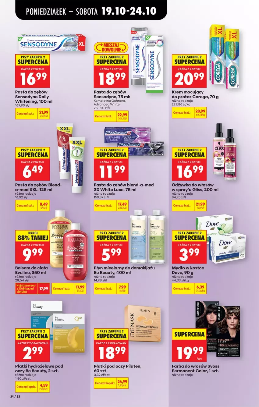 Gazetka promocyjna Biedronka - Od Poniedziałku - ważna 19.10 do 24.10.2026 - strona 76 - produkty: Balsam do ciała, Be Be, Blend-a-Med, Corega, Dove, Eveline, Fa, Farba do włosów, Gra, Makijaż, Mydło, Nuty, Odzywka do włosów, Pasta do zębów, Płyn micelarny, Sensodyne, Syoss, Top