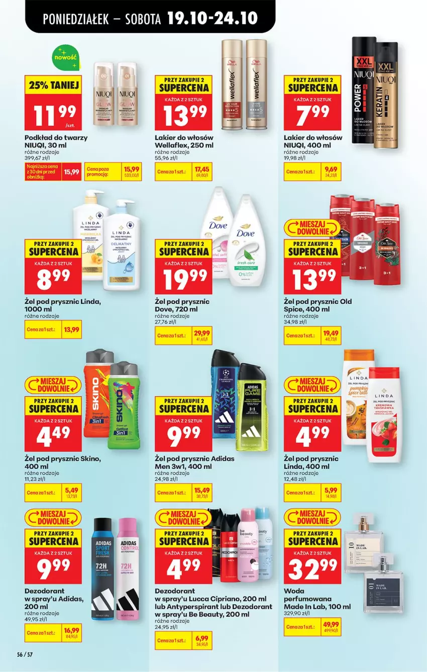 Gazetka promocyjna Biedronka - Od Poniedziałku - ważna 19.10 do 24.10.2026 - strona 78 - produkty: Adidas, Antyperspirant, Be Be, Dezodorant, Dove, Lakier, Lakier do włosów, Niuqi, Old Spice, Perfum, Podkład, Podkład do twarzy, Taft, Wella, Wellaflex, Woda, Woda perfumowana