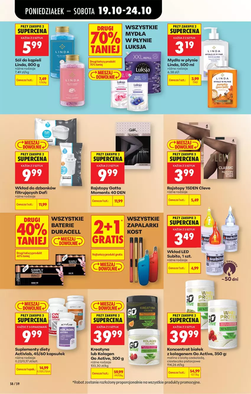 Gazetka promocyjna Biedronka - Od Poniedziałku - ważna 19.10 do 24.10.2026 - strona 84 - produkty: Duracell, Gatta, Gra, Kolagen, Luksja, Moments, Mydło, Mydło w płynie, Por, Rajstopy, Sól, Sól do kąpieli, Top