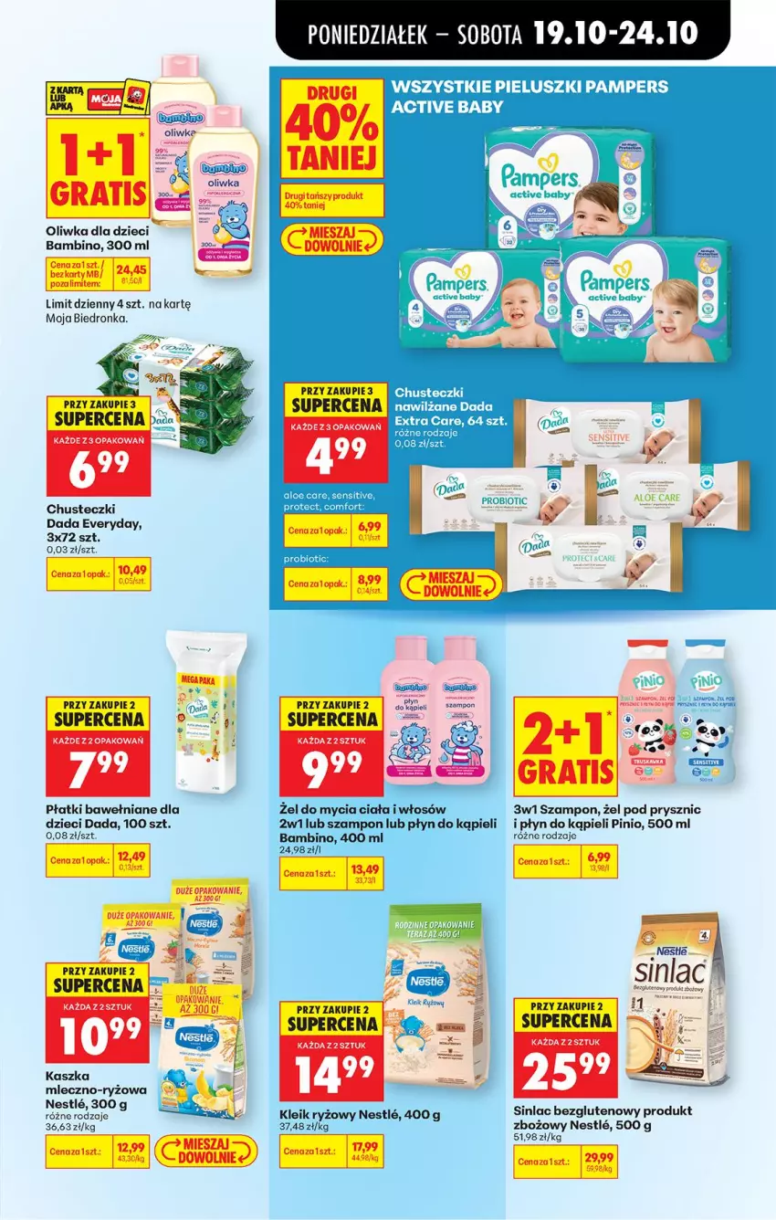 Gazetka promocyjna Biedronka - Od Poniedziałku - ważna 19.10 do 24.10.2026 - strona 89 - produkty: Chusteczki, Dada, Dzieci, Oliwka dla dzieci, Pampers, Płyn do kąpieli, Ryż, Sinlac, Szampon