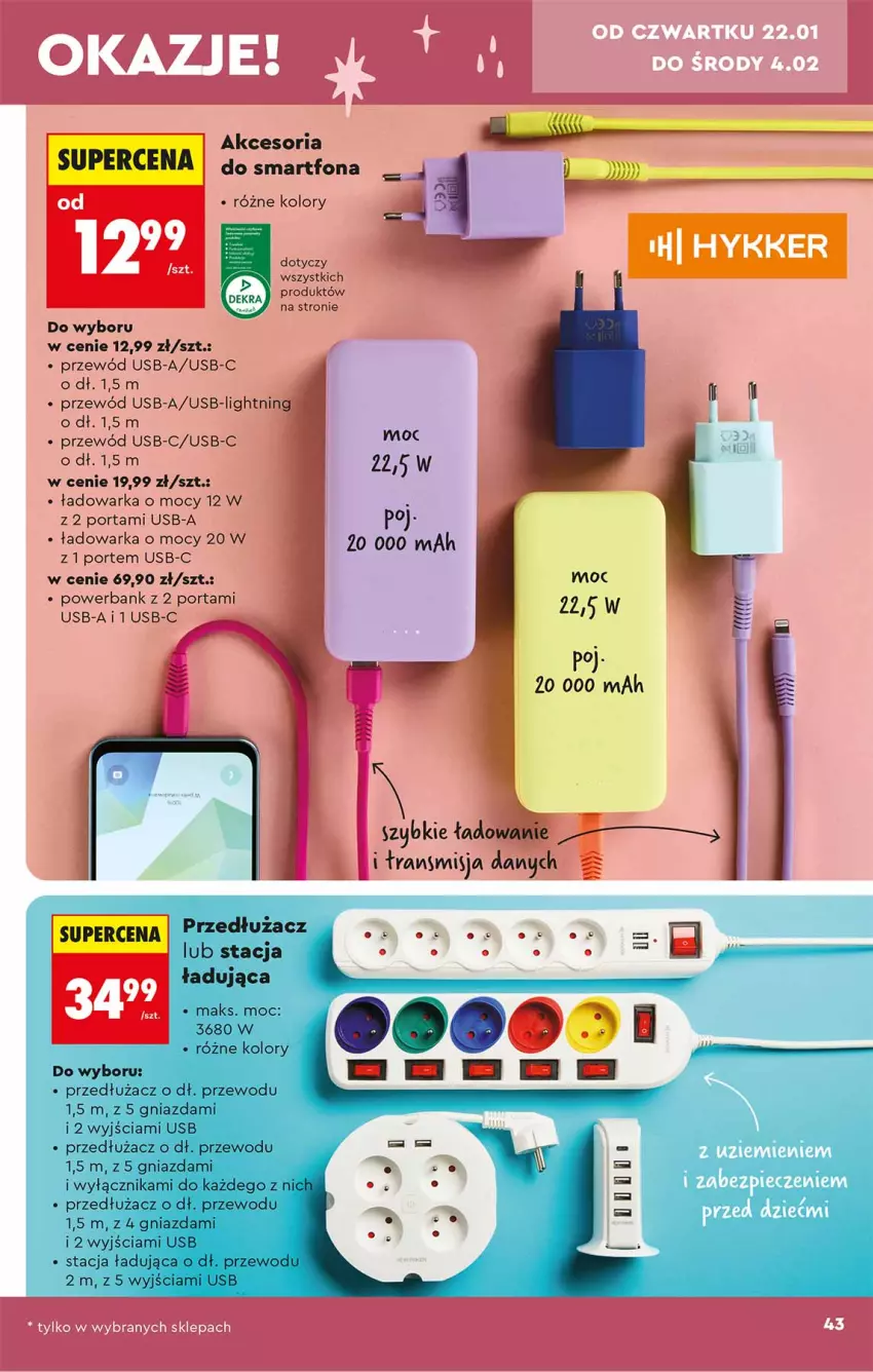 Gazetka promocyjna Biedronka - Okazje Tygodnia - ważna 17.01 do 31.01.2026 - strona 43 - produkty: Piec, Por, Powerbank, Przewód, Smartfon, Warka