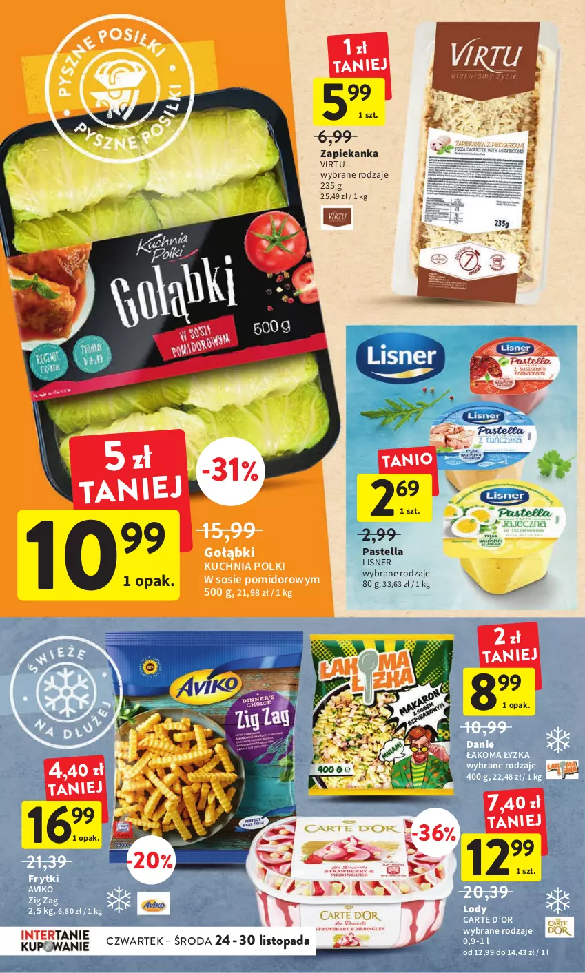 Gazetka promocyjna Intermarche - Gazetka Intermarche - ważna 24.11 do 30.11.2022 - strona 24 - produkty: Frytki, Kuchnia, Lisner, Lody, Pastella, Sos, Top, Virtu, Zapiekanka