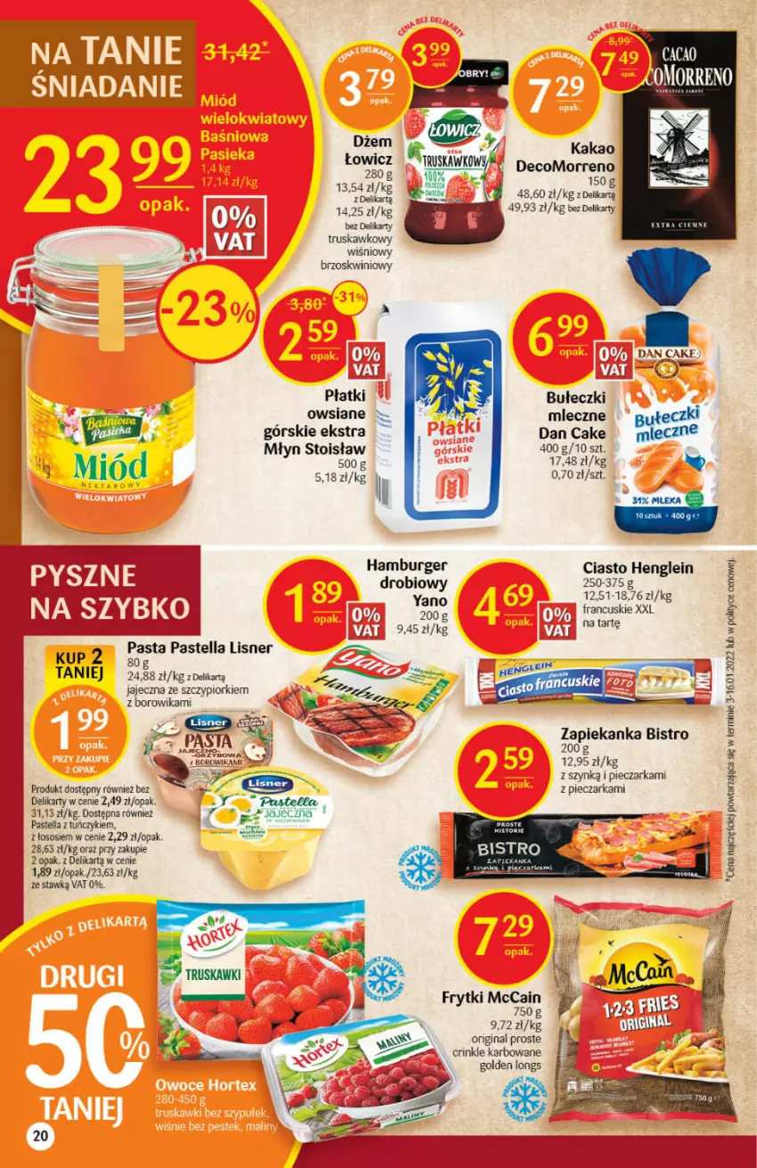 Gazetka promocyjna Delikatesy Centrum - Gazetka DC11 - ważna 17.03 do 23.03.2022 - strona 20 - produkty: Bułeczki, Burger, Dan Cake, Frytki, Gin, Hamburger, Kakao, Lisner, McCain, Pastella, Piec, Pieczarka, Sos, Tuńczyk, Zapiekanka