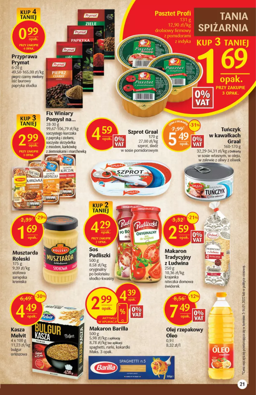 Gazetka promocyjna Delikatesy Centrum - Gazetka DC11 - ważna 17.03 do 23.03.2022 - strona 21 - produkty: Barilla, Gin, Gra, Graal, Kasza, Kawa, Laur, Mus, Musztarda, Olej, Olej rzepakowy, Papryka, Papryka słodka, Pieprz, Por, Prymat, Pudliszki, Rurki, Sos, Spaghetti, Szprot, Tuńczyk, Winiary