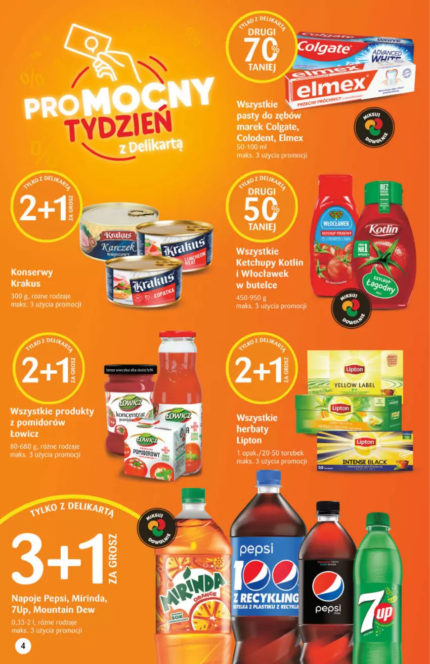 Gazetka promocyjna Delikatesy Centrum - Gazetka DC11 - ważna 17.03 do 23.03.2022 - strona 4 - produkty: 7up, Colgate, Elmex, Ketchup, Kotlin, LG, Mirinda, Napoje, Pepsi