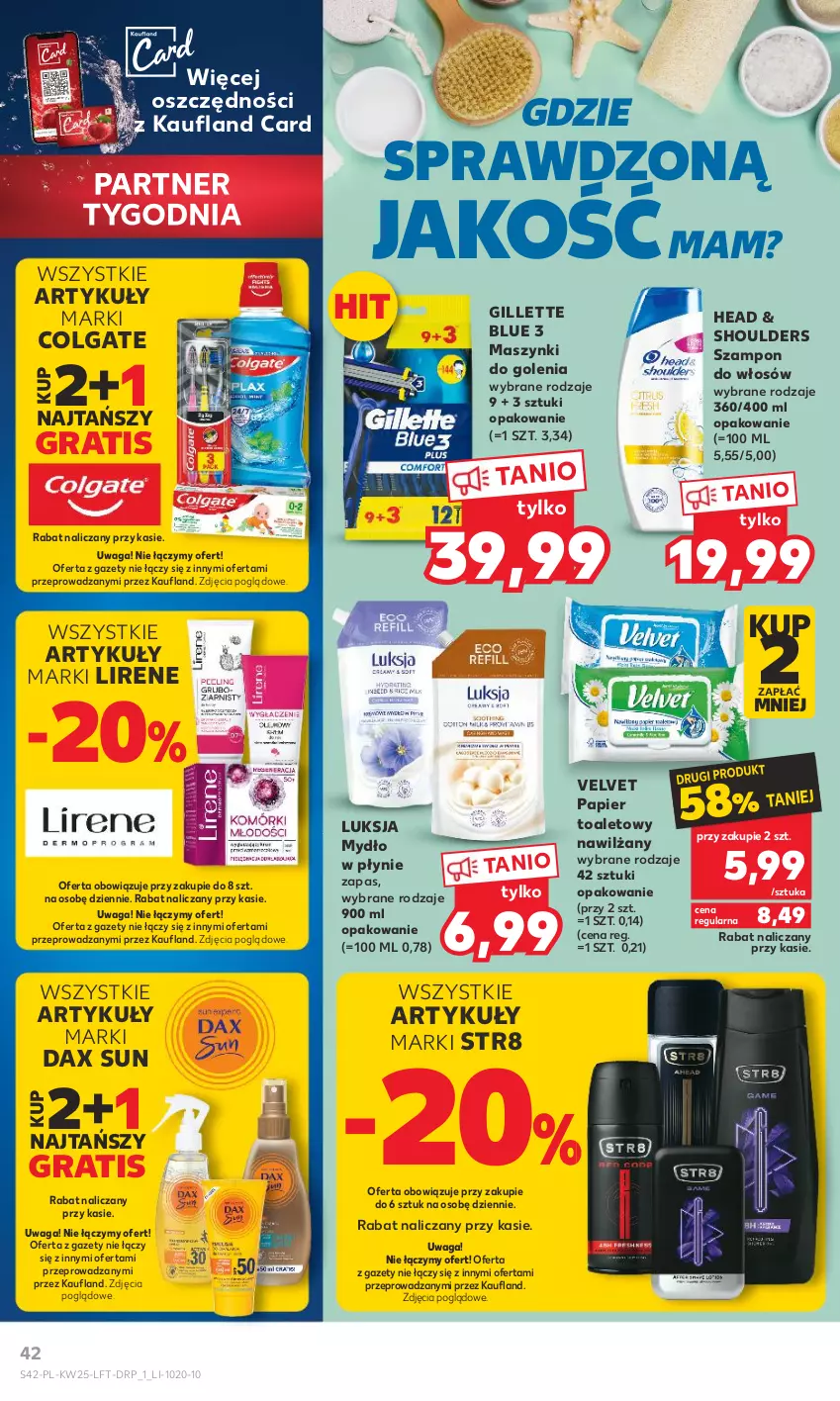 Gazetka promocyjna Kaufland - Gazetka tygodnia - ważna 22.06 do 28.06.2023 - strona 42 - produkty: Colgate, DAX, Gillette, Gra, LG, Lirene, Luksja, Mydło, Mydło w płynie, Papier, Papier toaletowy, Str8, Szampon, Velvet, Waga