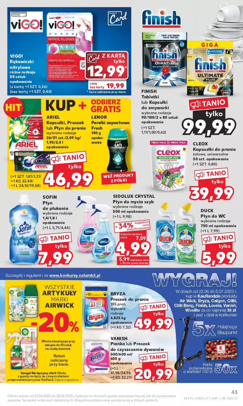 Gazetka promocyjna Kaufland - Gazetka tygodnia - ważna 22.06 do 28.06.2023 - strona 43 - produkty: Ariel, Bryza, Duck, Dywan, Finish, Gra, Lenor, Perełki zapachowe, Płyn do mycia, Płyn do płukania, Płyn do prania, Płyn do wc, Proszek do prania, Sidolux, Tablet, Vanish, Waga, Zmywarki