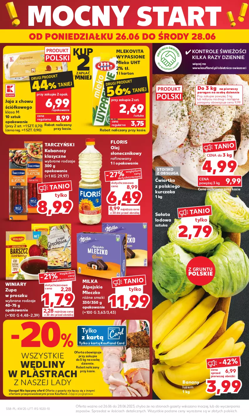 Gazetka promocyjna Kaufland - Gazetka tygodnia - ważna 22.06 do 28.06.2023 - strona 58 - produkty: Banany, Grunt, Jaja, Kabanos, Kurczak, Milka, Mleczko, Mleko, Mlekovita, Olej, Olej słonecznikowy, Sałat, Sałata lodowa, Tarczyński, Waga, Winiary, Zupa