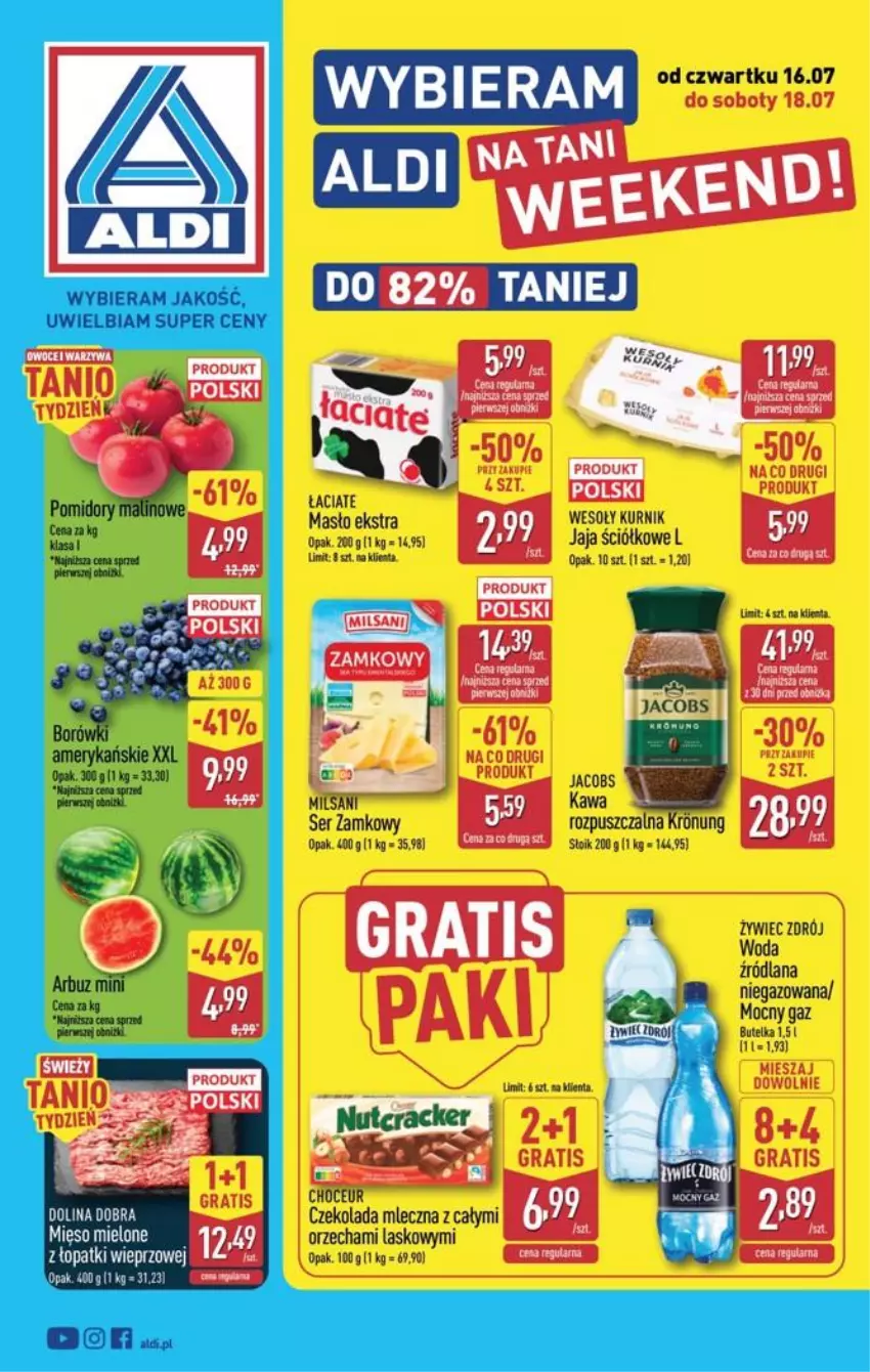 Gazetka promocyjna Aldi - Oferta weekendowa - ważna 16.07 do 18.07.2026 - strona 1 - produkty: Czekolada, Fa, Gra, Jaja, Kawa, LANA, Masło, Mięso, Mięso mielone, Por, Woda