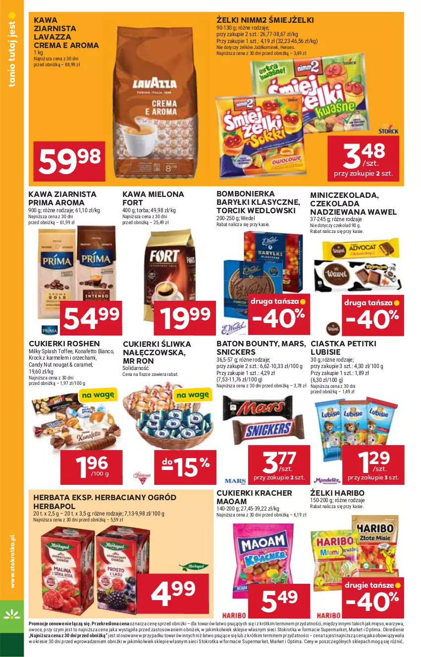 Gazetka promocyjna Stokrotka - Supermarket - ważna 29.10 do 04.11.2026 - strona 37 - produkty: Baryłki, Baton, Bounty, Candy, Ciastka, Cukier, Cukierki, Czekolada, Czekolada nadziewana, Haribo, Herbapol, Herbata, Kawa, Kawa mielona, Kawa ziarnista, Kominek, Lavazza, Lubisie, Mars, Mięso, Nimm2, Ogród, Optima, Owoce, Prima, Snickers, Torba, Warzywa, Wawel