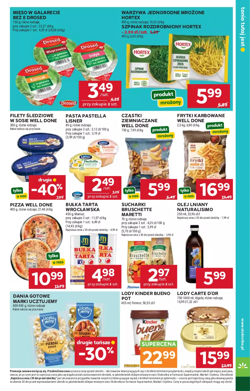 Gazetka promocyjna Stokrotka - Supermarket - ważna 29.10 do 04.11.2026 - strona 48 - produkty: Algida, Bruschette, Bułka, Bułka tarta, Dania gotowe, Ferrero, Frytki, Gala, Hortex, Kinder, Kinder Bueno, LG, Lisner, Lody, Mięso, Mięso w galarecie, Olej, Optima, Owoce, Pastella, Pizza, Sos, Szpinak, Tarta, Warzywa