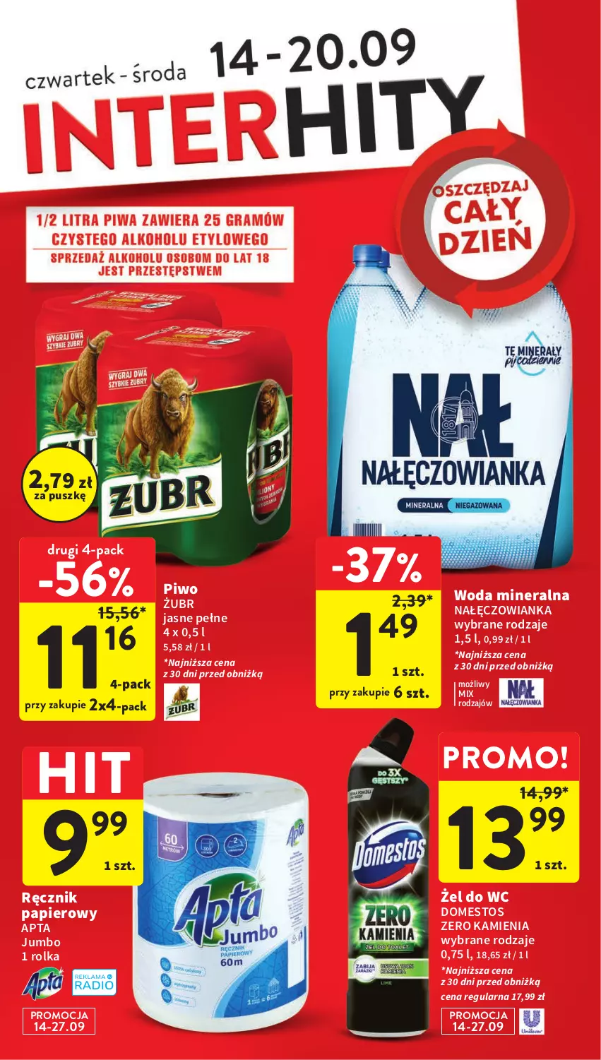 Gazetka promocyjna Intermarche - Gazetka Intermarche - ważna 14.09 do 20.09.2023 - strona 5 - produkty: Domestos, Nałęczowianka, Papier, Piwo, Ręcznik, Woda, Woda mineralna