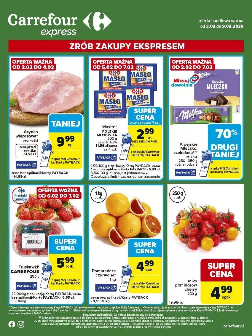 Gazetka promocyjna Carrefour - Gazetka Express - ważna 03.02 do 09.02.2026 - strona 2 - produkty: Czekolada, Dres, Fa, Koc, Milka, Mleko, Pomarańcze, Szynka, Truskawki
