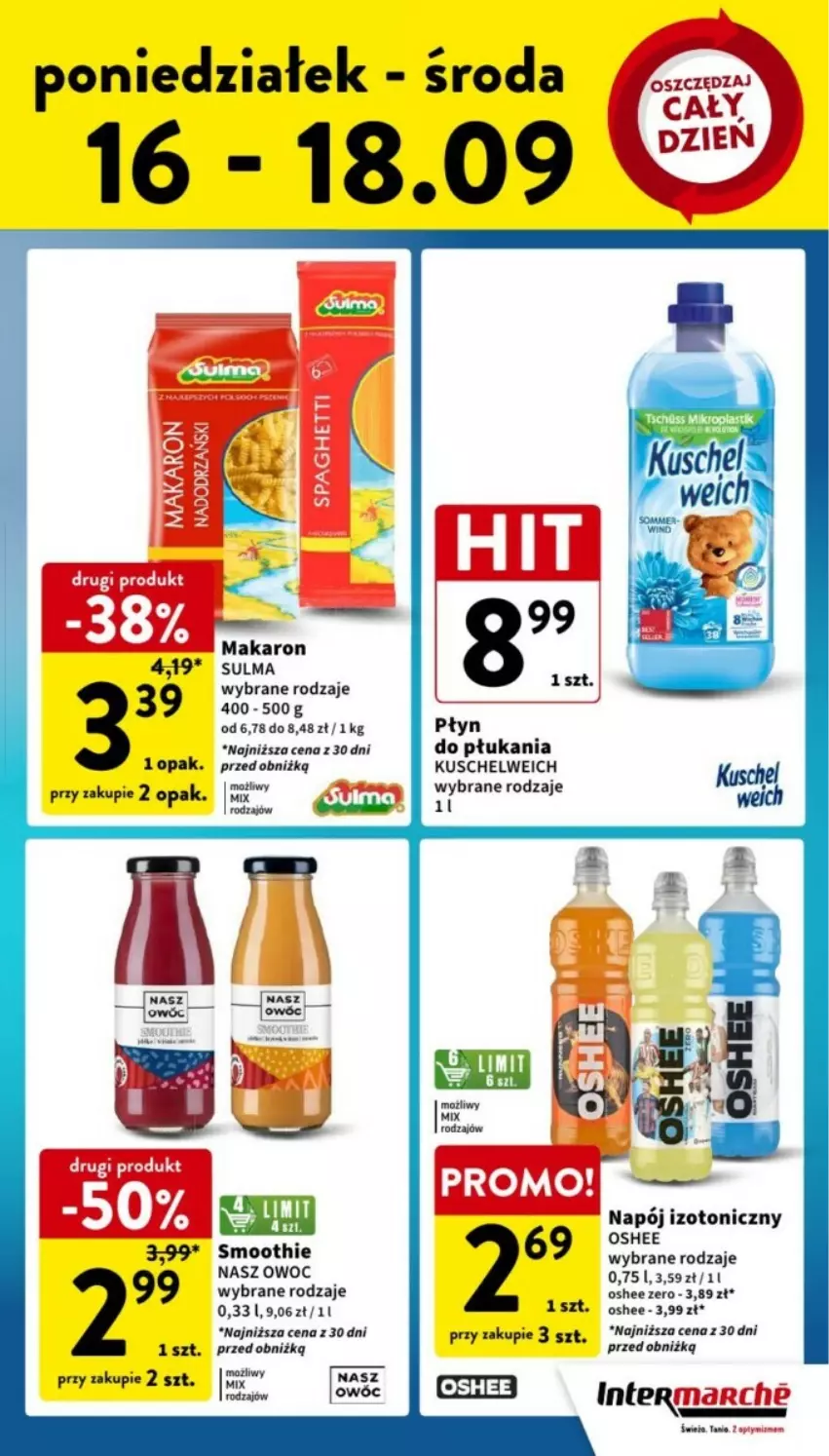 Gazetka promocyjna Intermarche - ważna 16.09 do 18.09.2024 - strona 3 - produkty: Makaron, Napój, Napój izotoniczny, Oshee, Płyn do płukania, Smoothie