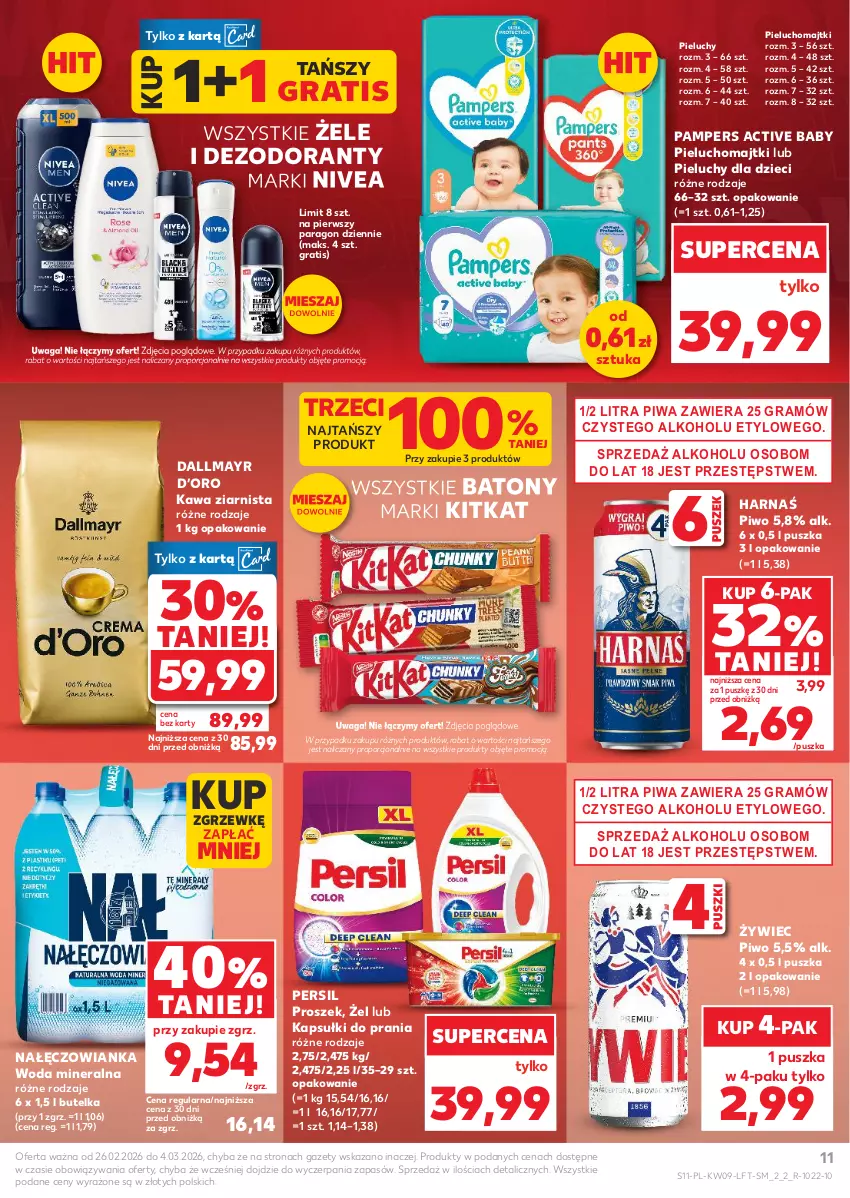Gazetka promocyjna Kaufland - Gazetka tygodnia - ważna 26.02 do 04.03.2026 - strona 11 - produkty: Baton, Dallmayr, Dezodorant, Dzieci, Gra, Harnaś, Kapsułki do prania, Kawa, Kawa ziarnista, Majtki, Nałęczowianka, Nivea, Pampers, Persil, Pieluchomajtki, Pieluchy, Piwa, Piwo, Por, Waga, Woda, Woda mineralna