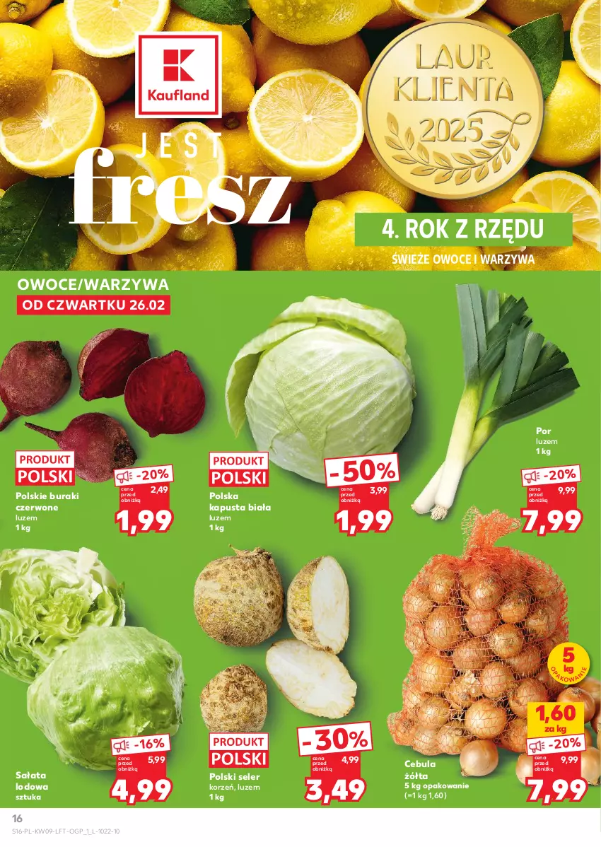 Gazetka promocyjna Kaufland - Gazetka tygodnia - ważna 26.02 do 04.03.2026 - strona 16 - produkty: Buraki, Cebula, Owoce, Por, Sałat, Sałata lodowa, Seler korzeń, Warzywa