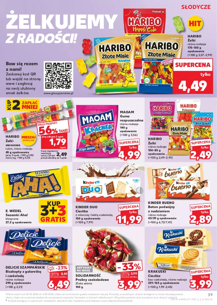 Gazetka promocyjna Kaufland - Gazetka tygodnia - ważna 26.02 do 04.03.2026 - strona 39 - produkty: Baton, Biszkopty, Ciastka, Delicje, Dres, E. Wedel, Gala, Gra, Guma rozpuszczalna, Haribo, Kinder, Kinder Bueno, Krakus, Krakuski, Praliny, Sezam