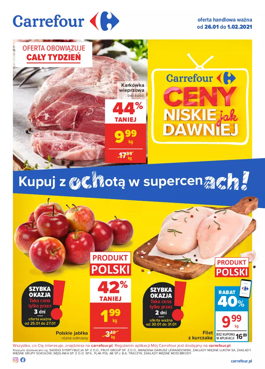 Gazetka promocyjna Carrefour - Gazetka Carrefour - ważna 25.01 do 01.02.2021 - strona 1 - produkty: Inka, Jabłka, Karkówka wieprzowa, Kurczak, Sok, Sokołów