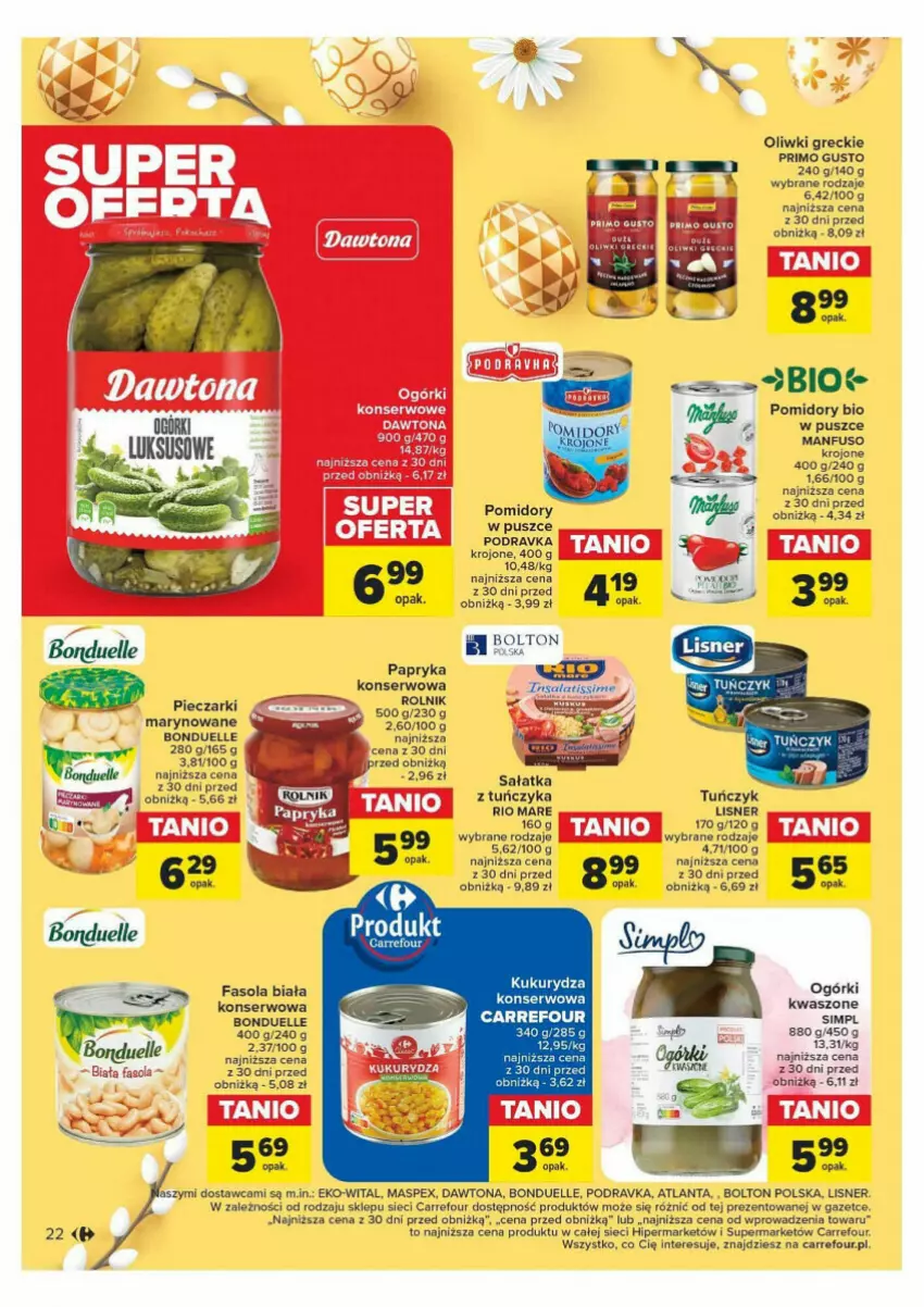 Gazetka promocyjna Carrefour - ważna 18.03 do 24.03.2024 - strona 15 - produkty: Bonduelle, Dawtona, Fa, Fasola, Lisner, Oliwki, Papryka, Piec, Podravka, Pomidory, Rio Mare, Sałat, Sałatka, Ser, Tuńczyk