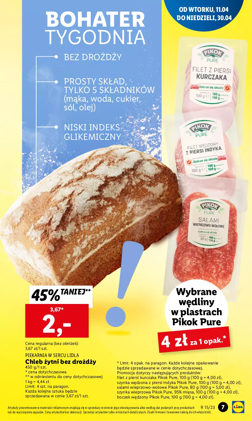 Gazetka promocyjna Lidl - GAZETKA - ważna 11.04 do 12.04.2023 - strona 7 - produkty: Boczek, Chleb, Cukier, Filet z piersi kurczaka, Kurczak, Mąka, Olej, PIKOK, Pur, Salami, Ser, Sól, Szynka, Szynka wieprzowa, Woda