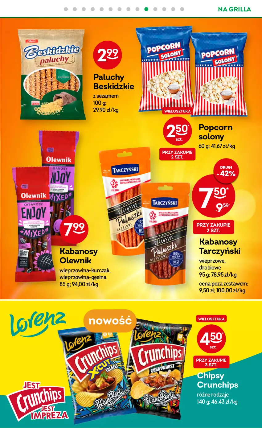 Gazetka promocyjna Żabka - ważna 26.04 do 09.05.2023 - strona 33 - produkty: Beskidzki, Chipsy, Crunchips, Grill, Kabanos, Kurczak, Olewnik, Popcorn, Sezam, Tarczyński, Wieprzowina