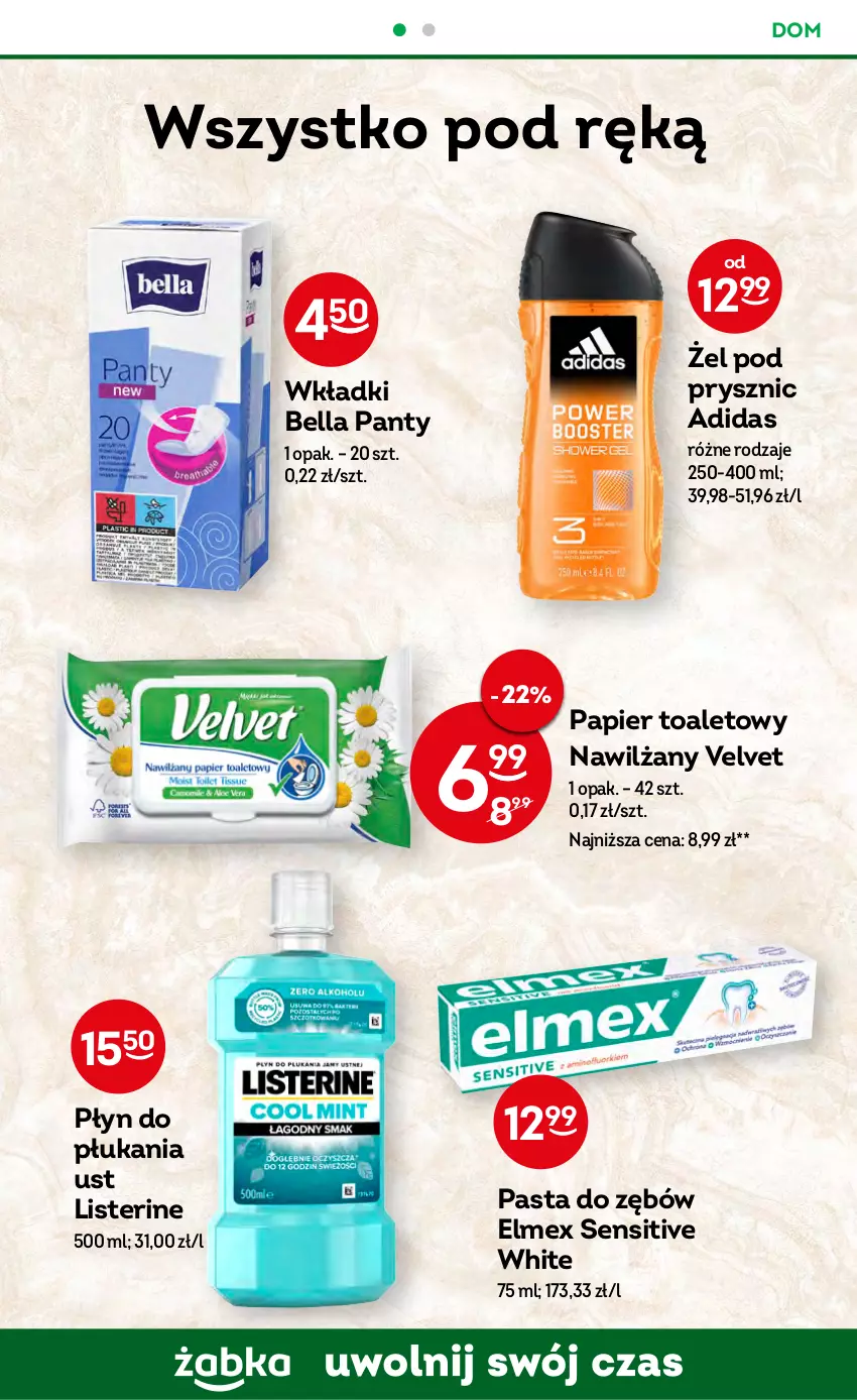 Gazetka promocyjna Żabka - ważna 26.04 do 09.05.2023 - strona 60 - produkty: Adidas, Bell, Bella, Elmex, Listerine, Papier, Papier toaletowy, Pasta do zębów, Płyn do płukania, Velvet, Wkładki