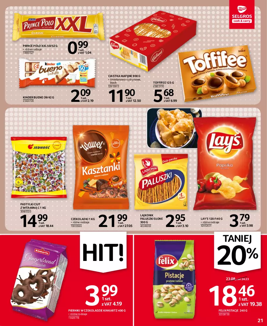 Gazetka promocyjna Selgros - Oferta spożywcza - ważna 10.11 do 24.11.2021 - strona 21 - produkty: Ciastka, Felix, Inka, Kinder, Kinder Bueno, Lack, Lajkonik, Lay’s, Pastylki, Piernik, Pierniki w czekoladzie, Pistacje, Prince Polo, Toffifee