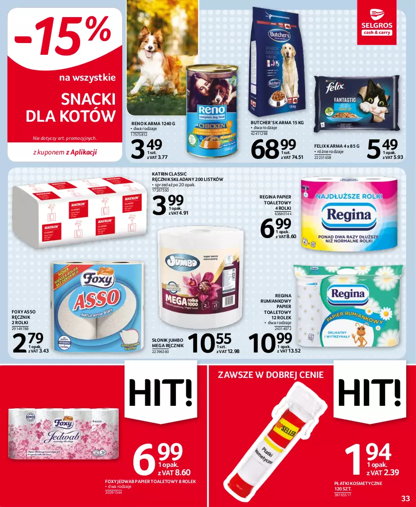 Gazetka promocyjna Selgros - Oferta spożywcza - ważna 10.11 do 24.11.2021 - strona 33 - produkty: Felix, Foxy, Gin, Papier, Papier toaletowy, Płatki kosmetyczne, Ręcznik, Rolki, Rum