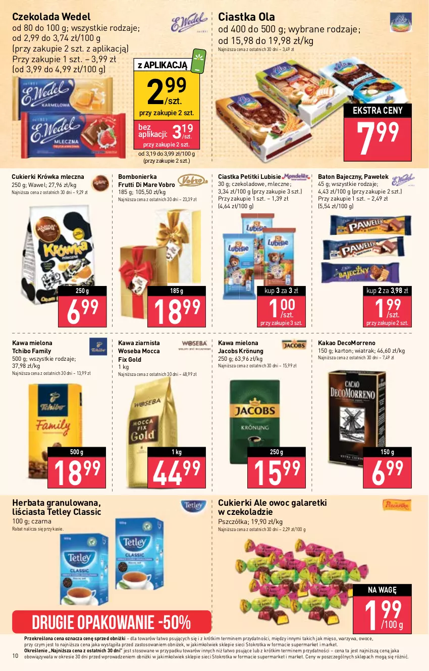 Gazetka promocyjna Stokrotka - Supermarket - ważna 27.04 do 04.05.2023 - strona 10 - produkty: Baton, Ciastka, Cukier, Cukierki, Czekolada, Fa, Gala, Galaretki, Gra, Herbata, Jacobs, Jacobs Krönung, Kakao, Kawa, Kawa mielona, Kawa ziarnista, Lubisie, Mięso, Mocca Fix Gold, Owoce, Tchibo, Tchibo Family, Tetley, Warzywa, Wawel, Woseba