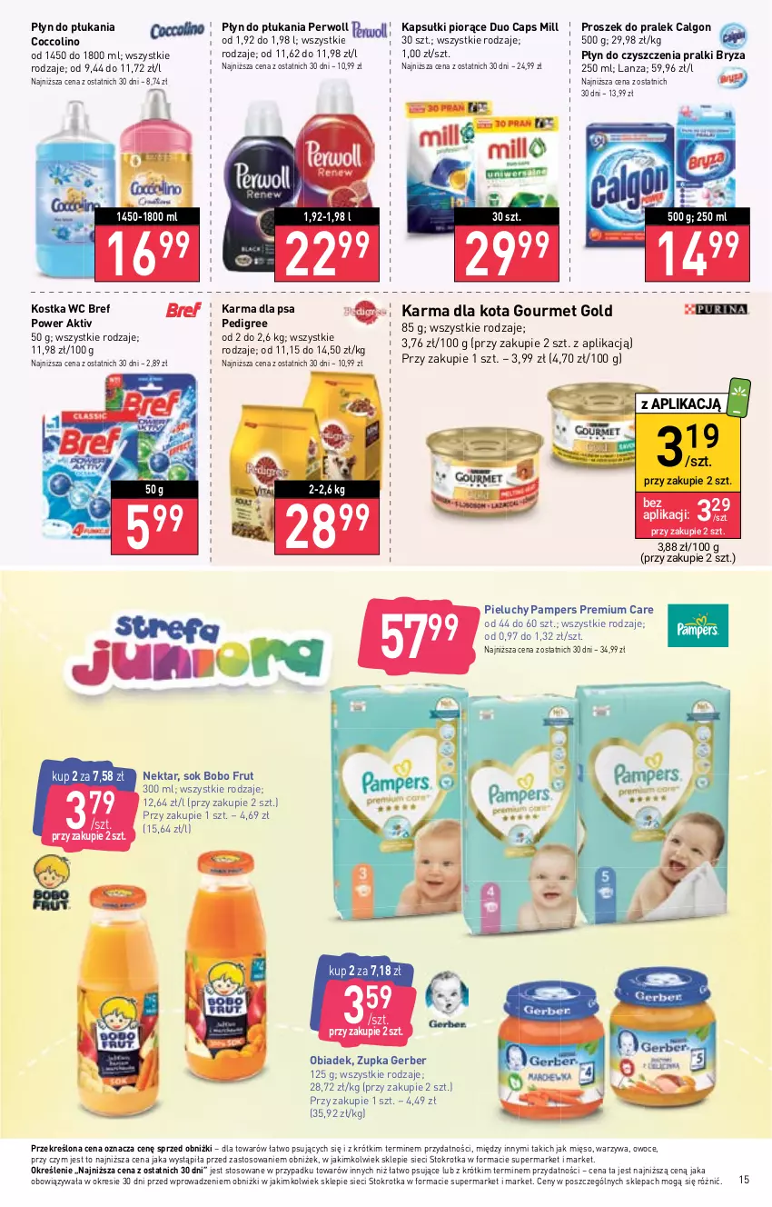 Gazetka promocyjna Stokrotka - Supermarket - ważna 27.04 do 04.05.2023 - strona 15 - produkty: Bref, Bryza, Calgon, Coccolino, Gerber, Gourmet Gold, LG, Mięso, Nektar, Owoce, Pampers, Pedigree, Perwoll, Pieluchy, Płyn do płukania, Pralki, Sok, Warzywa