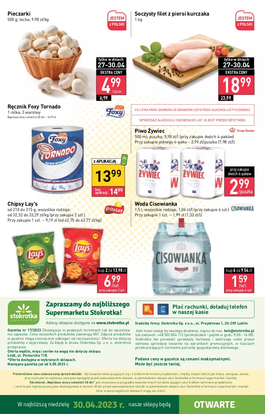 Gazetka promocyjna Stokrotka - Supermarket - ważna 27.04 do 04.05.2023 - strona 16 - produkty: Chipsy, Cisowianka, Dres, Filet z piersi kurczaka, Foxy, Gra, JBL, Kurczak, Lay’s, Mięso, O nas, Owoce, Piec, Piwa, Piwo, Ręcznik, Ser, Telefon, Wagi, Warzywa, Woda