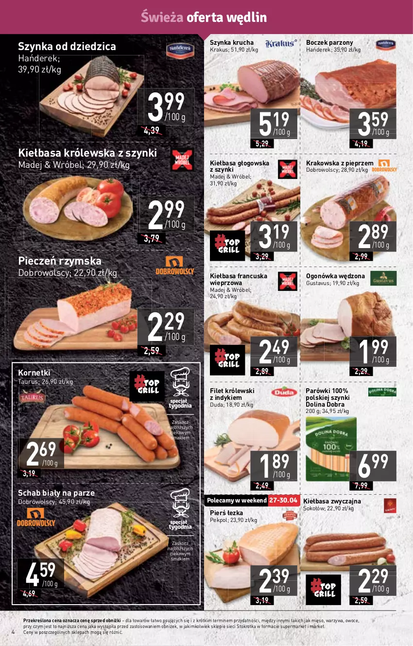 Gazetka promocyjna Stokrotka - Supermarket - ważna 27.04 do 04.05.2023 - strona 4 - produkty: Boczek, Duda, Kiełbasa, Kiełbasa głogowska, Krakus, Królewski, Mięso, Ogonówka, Owoce, Parówki, Pekpol, Piec, Pieczeń rzymska, Pieprz, Sok, Sokołów, Szynka, Warzywa