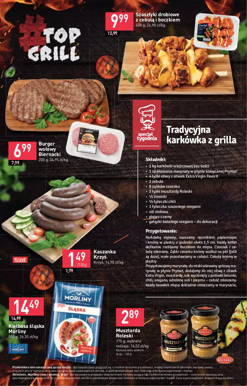 Gazetka promocyjna Stokrotka - Supermarket - ważna 27.04 do 04.05.2023 - strona 6 - produkty: Burger, Czosnek, Fa, Gin, Grill, Kasza, Kaszanka, Kawa, Kiełbasa, Kiełbasa śląska, Kotlet, Mięso, Morliny, Mus, Musztarda, Owoce, Papier, Pieprz, Prymat, Ręcznik, Sok, Sól, Wałek, Warzywa