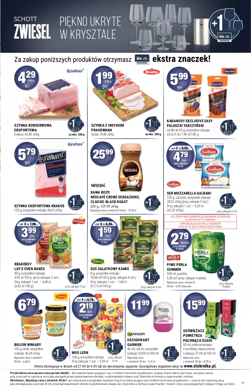 Gazetka promocyjna Stokrotka - Supermarket - ważna 27.04 do 04.05.2023 - strona 9 - produkty: Bulion, Dezodorant, Duda, Fa, Galbani, Garnier, Gra, Herbata, Kabanos, Kamis, Kawa, Krakersy, Krakus, Lack, Lay’s, Leon, Lion, Mięso, Mozzarella, Mus, Nescafé, Odświeżacz powietrza, Owoce, Perła, Piwa, Piwo, Por, Sałat, Ser, Sos, Sport, Szafa, Szynka, Szynka konserwowa, Tarczyński, Warzywa, Winiary