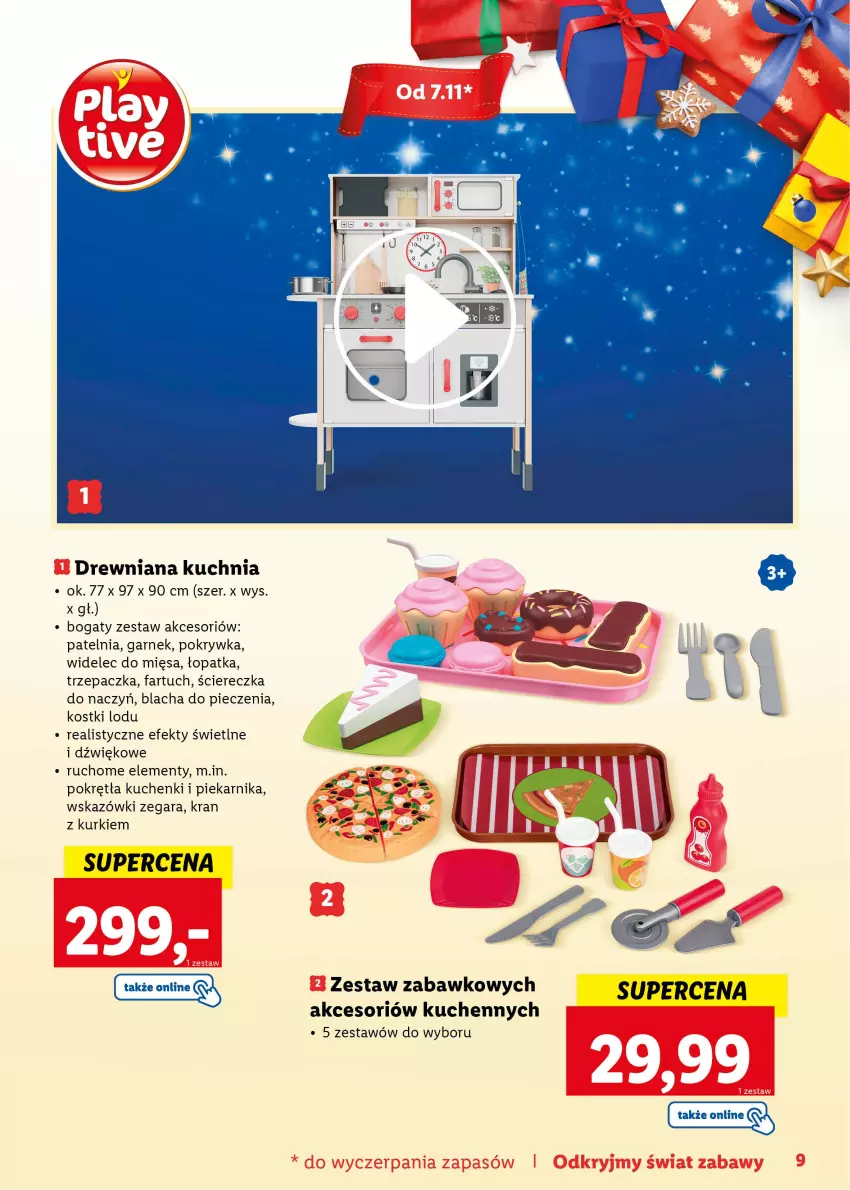 Gazetka promocyjna Lidl - KATALOG ZABAWKI - ważna 07.11.2022 do 06.01.2023 - strona 9 - produkty: Blacha do pieczenia, Drewniana kuchnia, Fa, Garnek, Kuchnia, Patelnia, Piec, Piekarnik, Trzepaczka, Widelec, Zegar