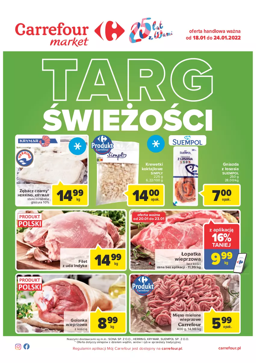 Gazetka promocyjna Carrefour - Gazetka Express - ważna 11.01 do 17.01.2022 - strona 1 - produkty: Glazura, Golonka wieprzowa, Krewetki, Lazur, Mięso, Mięso mielone, Ser, Sos, Stek, Suempol