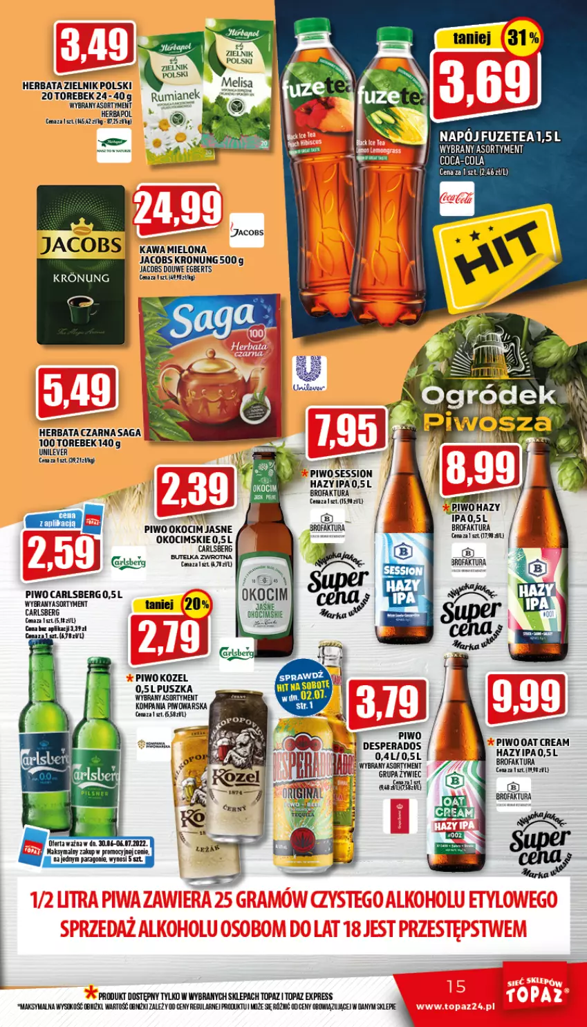 Gazetka promocyjna Topaz - Gazetka - ważna 30.06 do 06.07.2022 - strona 15 - produkty: Ba!, Carlsberg, Coca-Cola, Desperados, Fa, Herbata, Herbata czarna, Jacobs, Koc, Kozel, Napój, Okocim, Piwo, Saga, SESSIO, Sok, Top, Warka