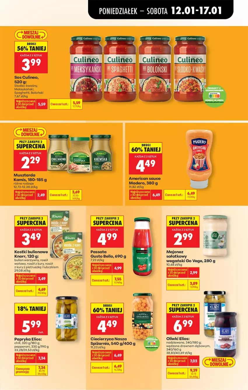 Gazetka promocyjna Biedronka - Gazetka - ważna 12.01 do 19.01.2026 - strona 49 - produkty: Bell, Bulion, Fa, Kamis, Knorr, LG, Lion, Majonez, Majonez sałatkowy, Mus, Musztarda, Oliwki, Papryka, Rosół, Rosół wołowy, Sałat, Sos, Spaghetti