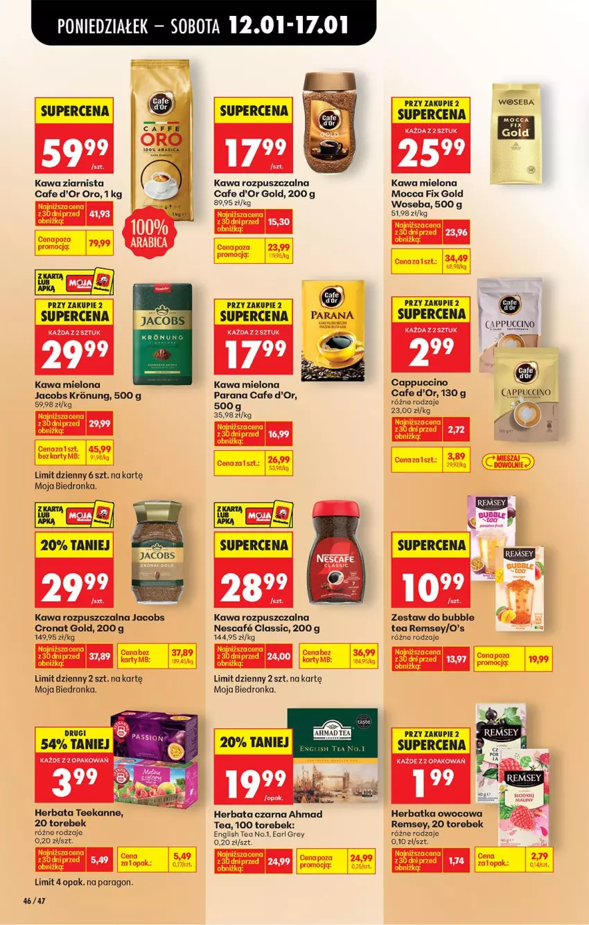 Gazetka promocyjna Biedronka - Gazetka - ważna 12.01 do 19.01.2026 - strona 56 - produkty: Cappuccino, Earl Grey, Fa, Herbata, Herbata czarna, Jacobs, Kawa, Kawa mielona, Kawa rozpuszczalna, Kawa ziarnista, Maliny, Teekanne, Woseba