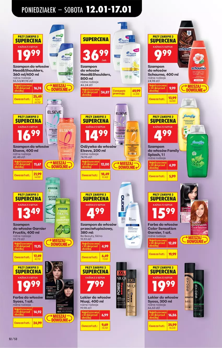 Gazetka promocyjna Biedronka - Gazetka - ważna 12.01 do 19.01.2026 - strona 64 - produkty: Be Be, Elseve, Fa, Farba do włosów, Fructis, Garnier, Lakier, Lakier do włosów, Niuqi, Odżywka, Por, Sati, Schauma, Syoss, Szampon