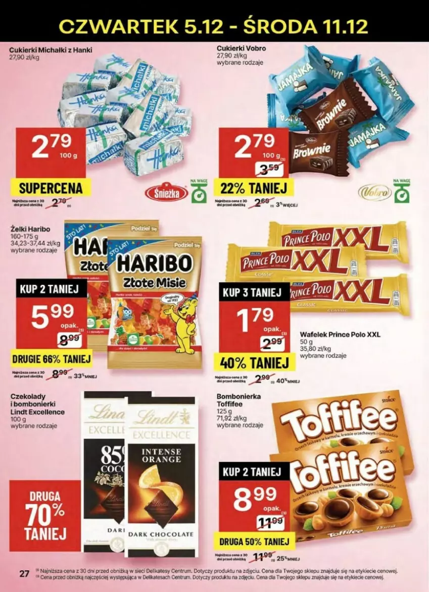 Gazetka promocyjna Delikatesy Centrum - ważna 05.12 do 11.12.2024 - strona 20 - produkty: Cukier, Cukierki, Haribo, Lindt, Michałki, Prince Polo, Rum, Toffifee, Wafelek