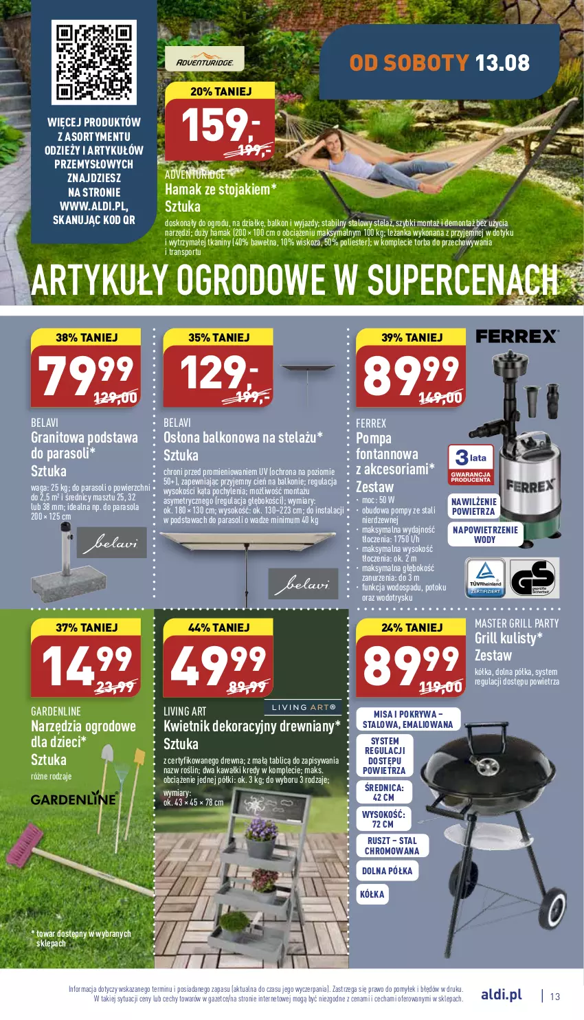 Gazetka promocyjna Aldi - Zaplanuj zakupy wcześniej - ważna 10.08 do 13.08.2022 - strona 13 - produkty: Cień, Dzieci, Gra, Grill, Hama, Kawa, Kwietnik, Leżanka, Parasol, Pokrywa, Półka, Por, Sok, Sport, Stojak, Torba, Tran, Waga, Wełna