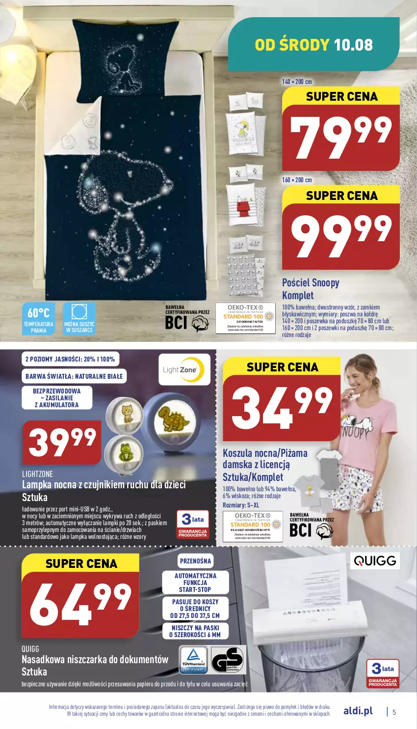 Gazetka promocyjna Aldi - Zaplanuj zakupy wcześniej - ważna 10.08 do 13.08.2022 - strona 5 - produkty: Akumulator, Drzwi, Dzieci, Kosz, Koszula, Koszula nocna, Mop, Niszczarka, Papier, Piec, Piżama, Por, Pościel, Poszewka, Silan, Top, Wełna