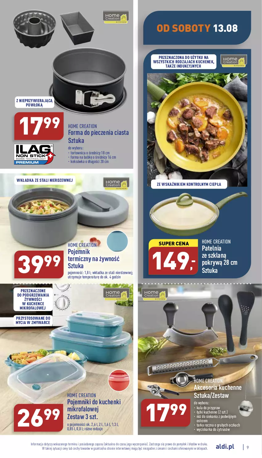 Gazetka promocyjna Aldi - Zaplanuj zakupy wcześniej - ważna 10.08 do 13.08.2022 - strona 9 - produkty: Fa, Forma do pieczenia, Keksówka, Kuchenki mikrofalowe, Patelnia, Piec, Pojemnik, Tarka, Tortownica, Wyciskarka