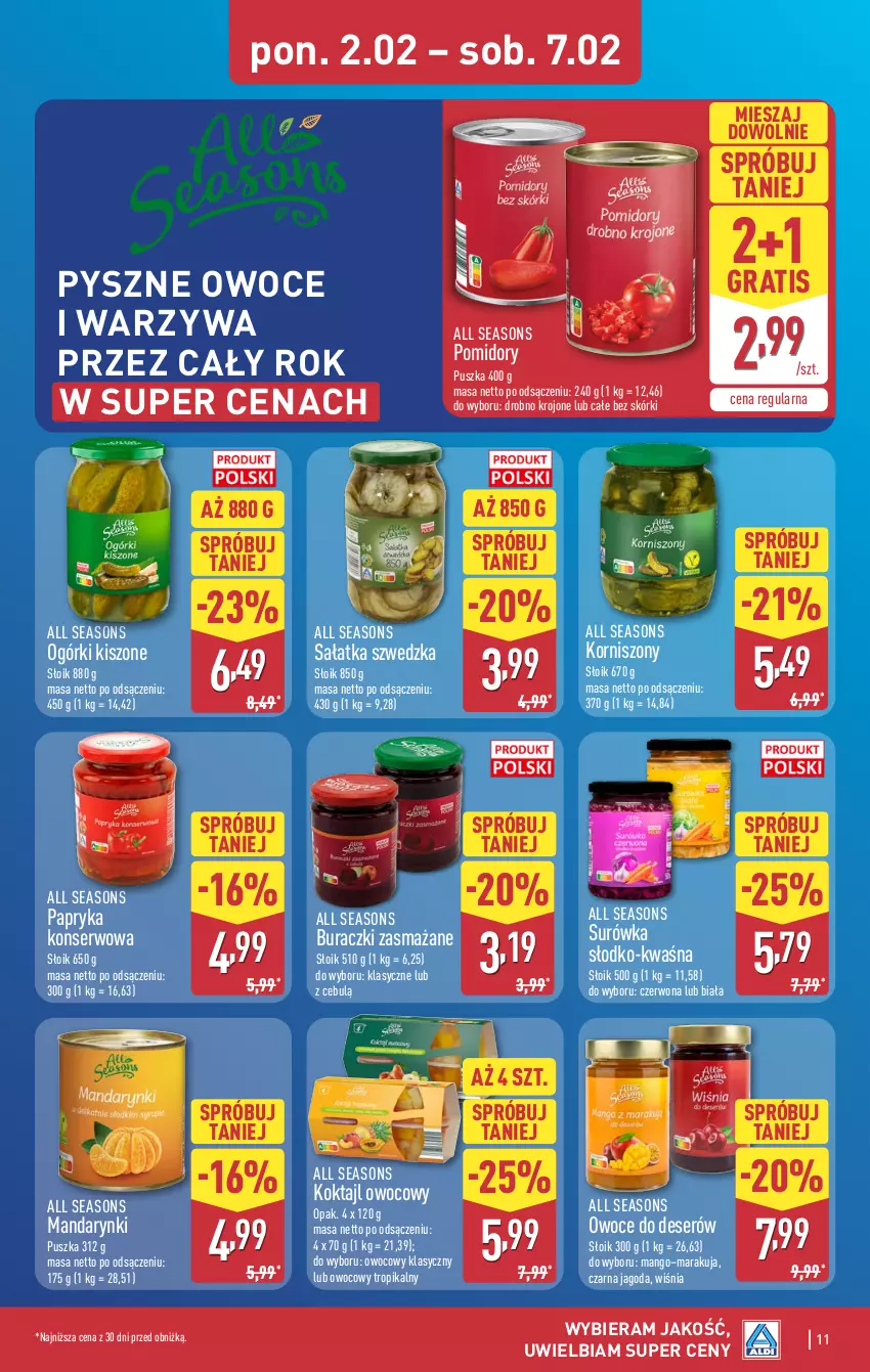 Gazetka promocyjna Aldi - Pełna oferta - ważna 02.02 do 07.02.2026 - strona 11 - produkty: All Seasons, Buraczki, Deser, Gra, Korniszony, Mandarynki, Mango, Owoce, Papryka, Pomidory, Sałat, Sałatka, Ser, Surówka, Warzywa