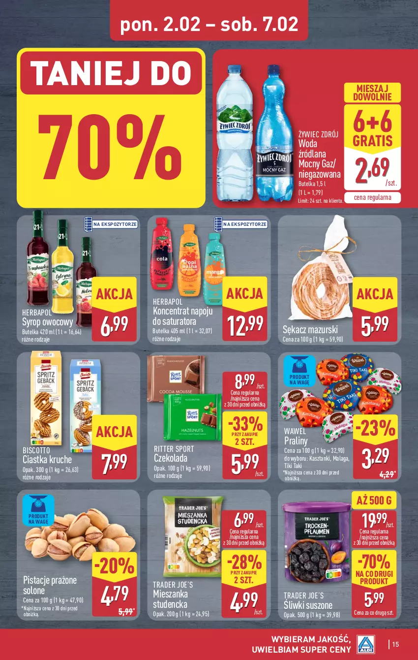 Gazetka promocyjna Aldi - Pełna oferta - ważna 02.02 do 07.02.2026 - strona 15 - produkty: Ciastka, Czekolada, Gra, Herbapol, LANA, Mieszanka studencka, Pistacje, Por, Praliny, Ritter Sport, Sękacz, Sport, Syrop, Wawel, Woda