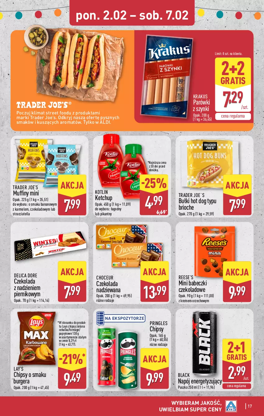 Gazetka promocyjna Aldi - Pełna oferta - ważna 02.02 do 07.02.2026 - strona 17 - produkty: Babeczki, Burger, Chipsy, Czekolada, Czekolada nadziewana, Gra, Hot dog, Ketchup, Kotlin, Krakus, Lack, Lay’s, Muffiny, Napój, Parówki, Parówki z szynki, Piernik, Pringles
