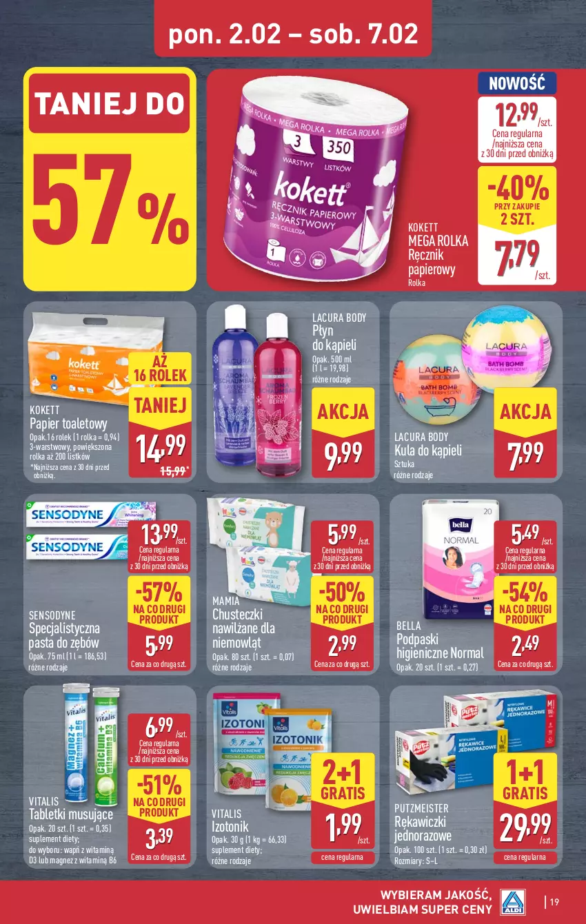 Gazetka promocyjna Aldi - Pełna oferta - ważna 02.02 do 07.02.2026 - strona 19 - produkty: Bell, Bella, Body, Chusteczki, Gra, Kula do kąpieli, Magnez, Mus, Papier, Papier toaletowy, Pasta do zębów, Płyn do kąpieli, Podpaski, Putzmeister, Ręcznik, Sensodyne, Suplement diety, Tablet, Tabletki musujące, Tonik
